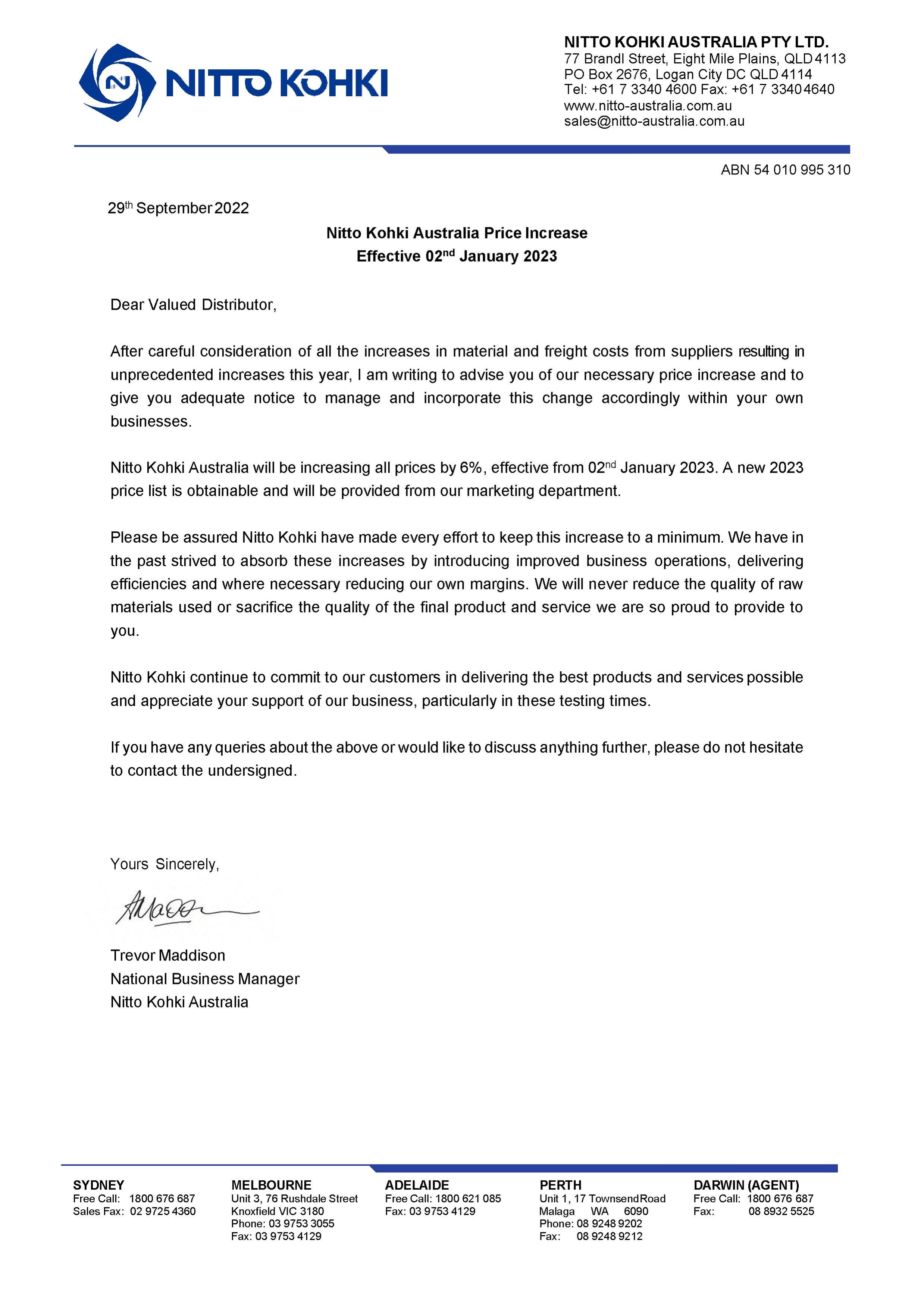 2023 Price Increase letter 29.091