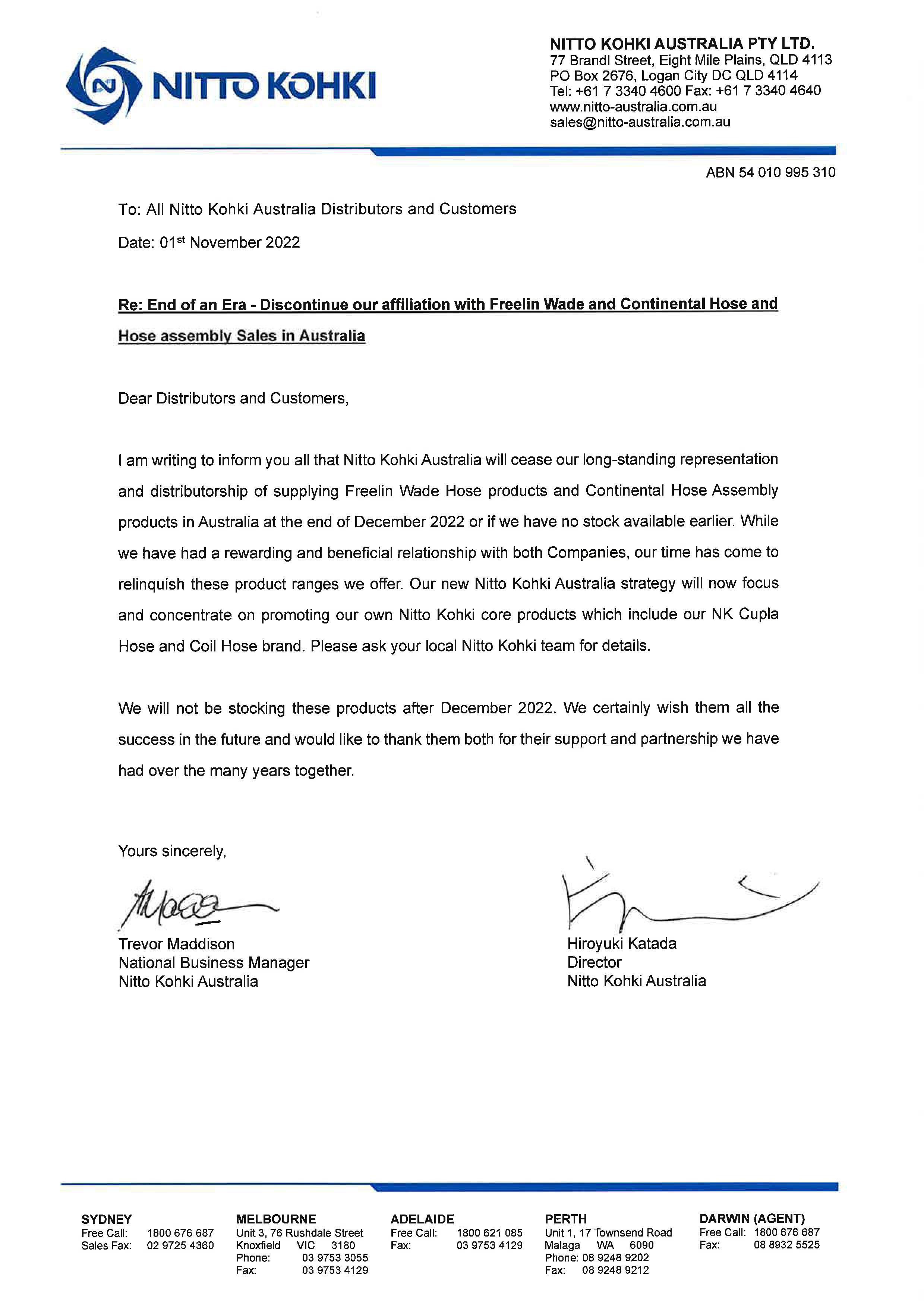 Letter RE Discontinue our affilliation with Freelin Wade & Continental Hoses  01.111