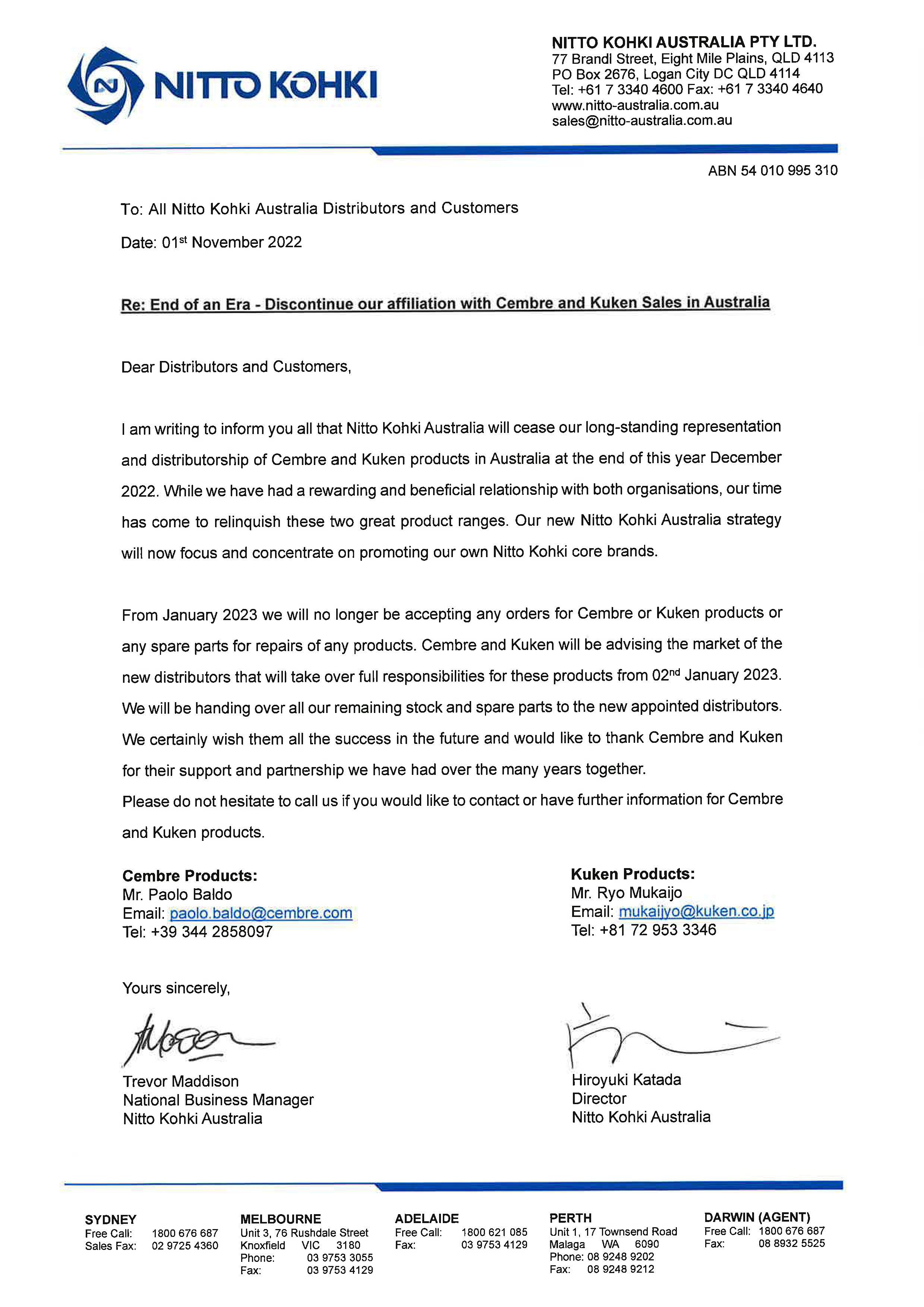 Letter RE Discontinued Products - Cembre and Kuken  01.111
